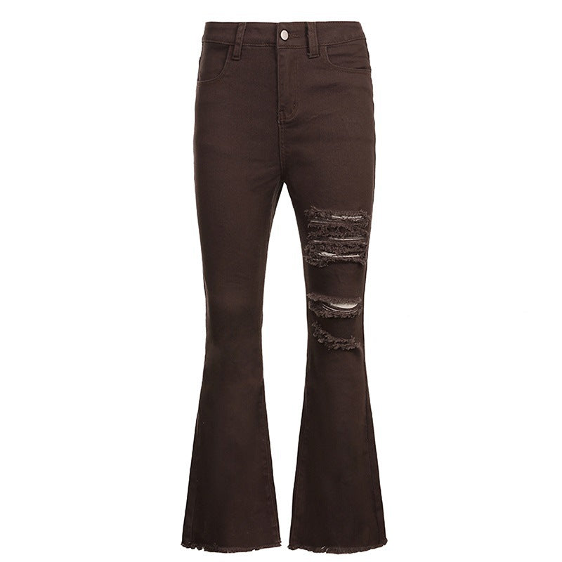 Women Fashion Casual Ripped High Waist Micro Flared Jeans