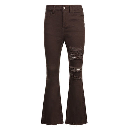 Women Fashion Casual Ripped High Waist Micro Flared Jeans