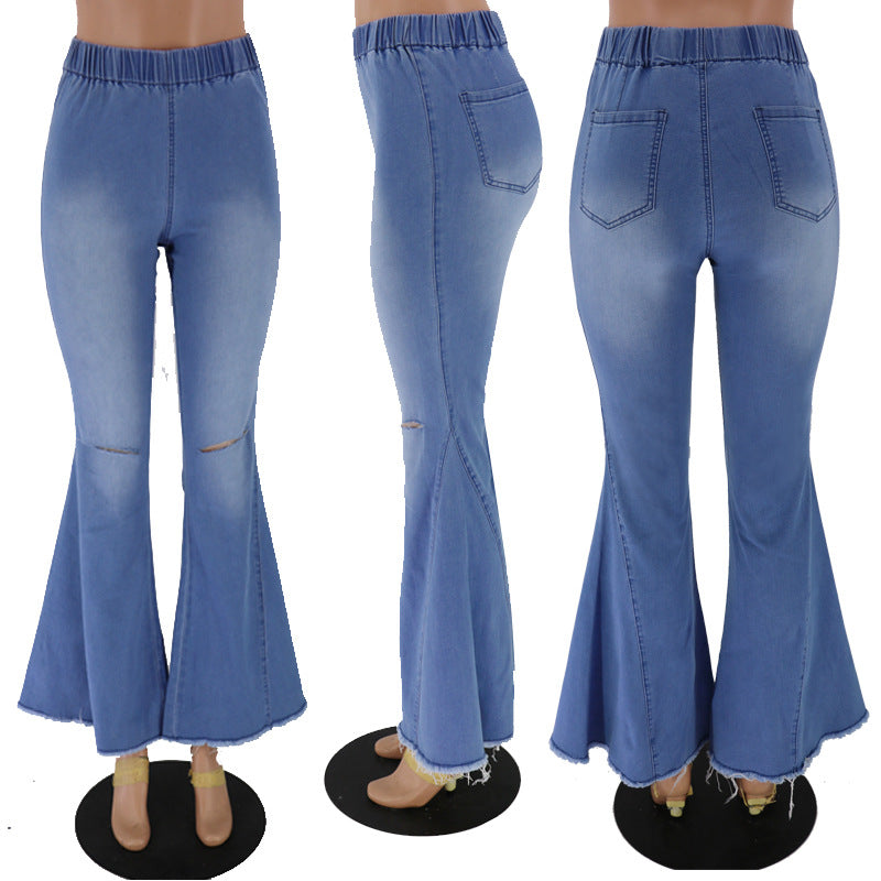 Women Fashion Casual Solid Color Loose Flared Ripped Jeans