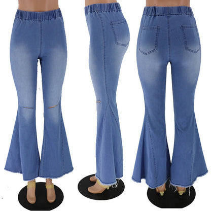 Women Fashion Casual Solid Color Loose Flared Ripped Jeans