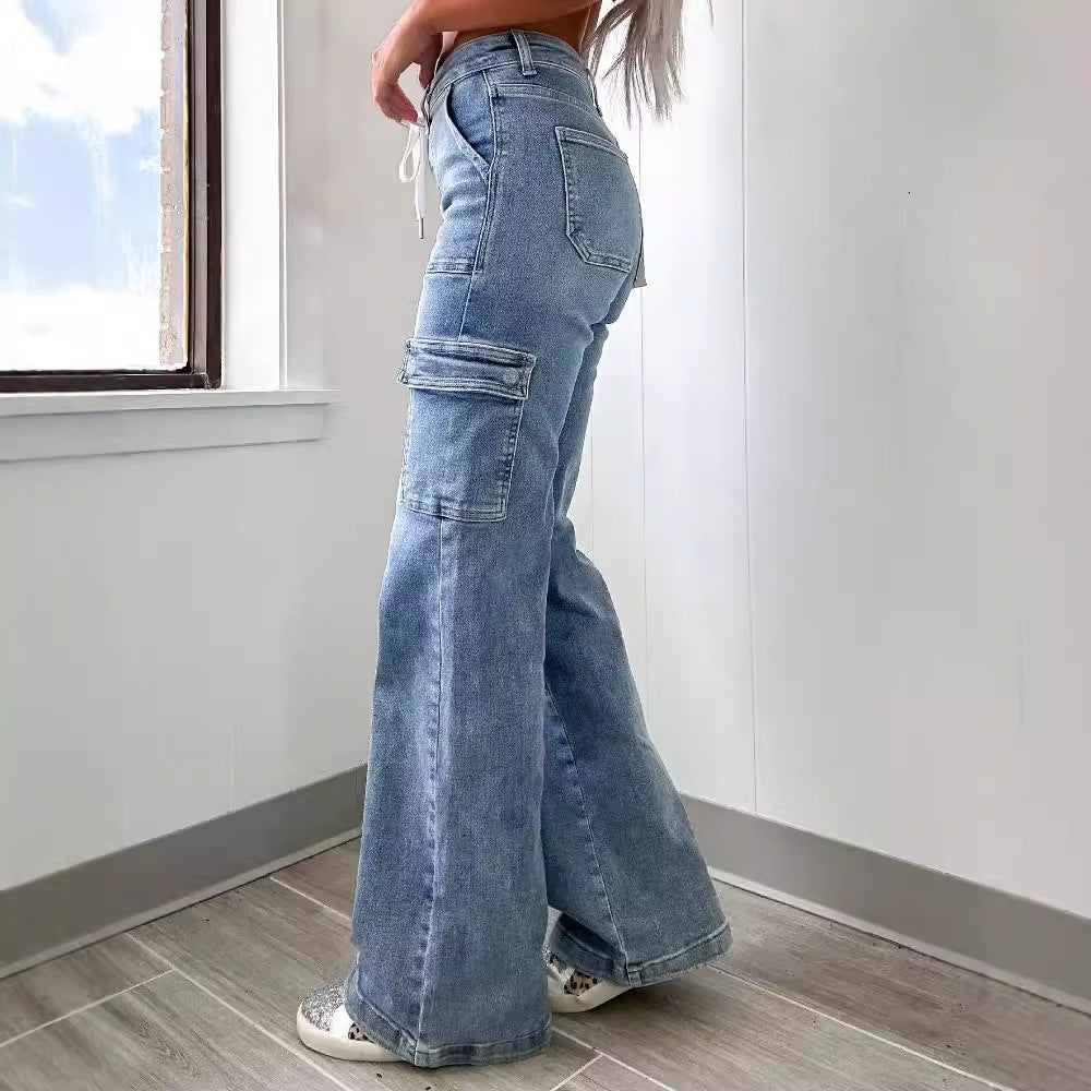 Straight-Leg Women Casual Lace-Up Multi-Pocket Cargo Jeans
