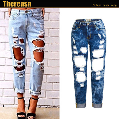 Women Fashion Casual Ripped Denim Straight Cropped Pants Jeans