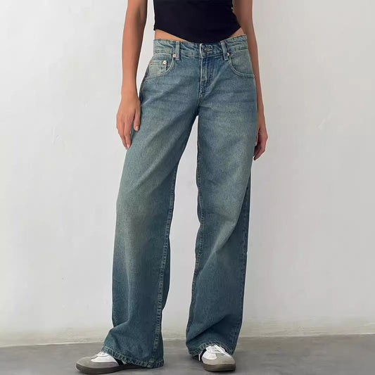 Women Fashion Casual Straight Wide Leg Jeans