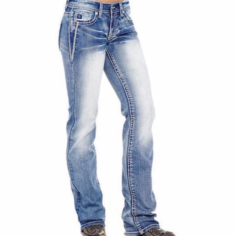 Women Fashion Casual Star Print Pocket Jeans