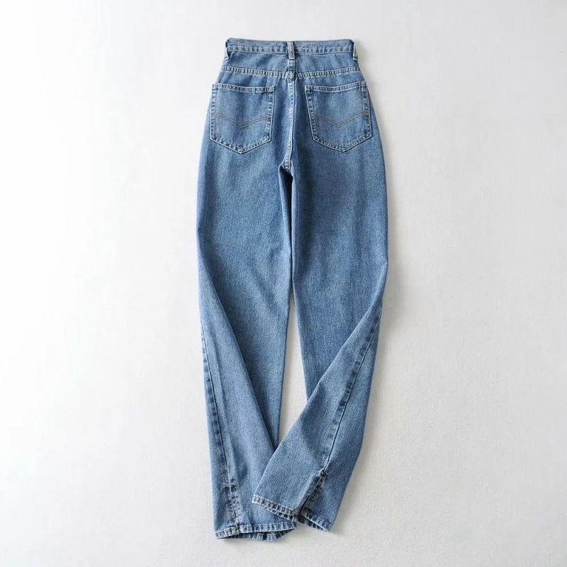Women Fashion Casual Solid Color Front Split Defined Waist Denim Jeans