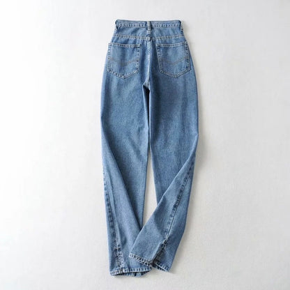 Women Fashion Casual Solid Color Front Split Defined Waist Denim Jeans