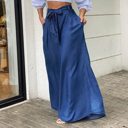 Women Elegant Lace-Up High Waist Wide Leg Pants Casual Plus Size Denim Pants Jeans