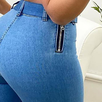 Women Denim Solid Color Zipper Belt Slim High Waist Casual Skinny Jeans