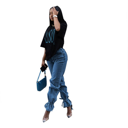 Women Casual Solid Color Ruffled Bandage Jeans