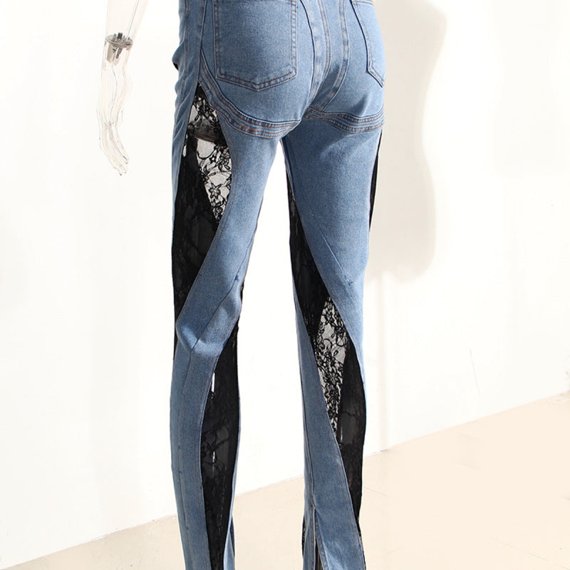 Women Fashion Casual Patchwork Lace High-Waist Straight Jeans