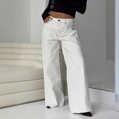 Women Fashion Casual Solid Color Loose Jeans
