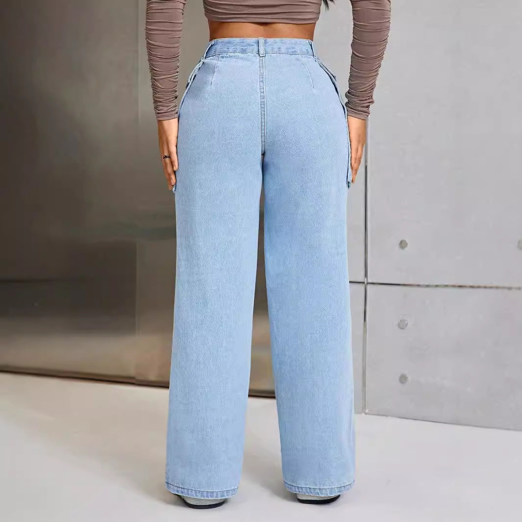 Women Fashion Casual Wide Leg Large Pocket Jeans