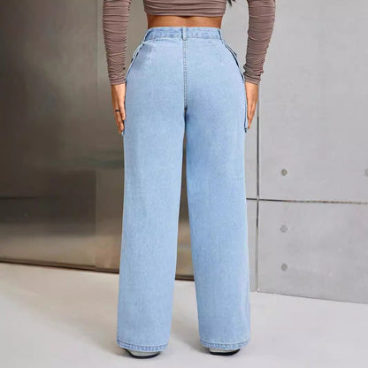 Women Fashion Casual Wide Leg Large Pocket Jeans