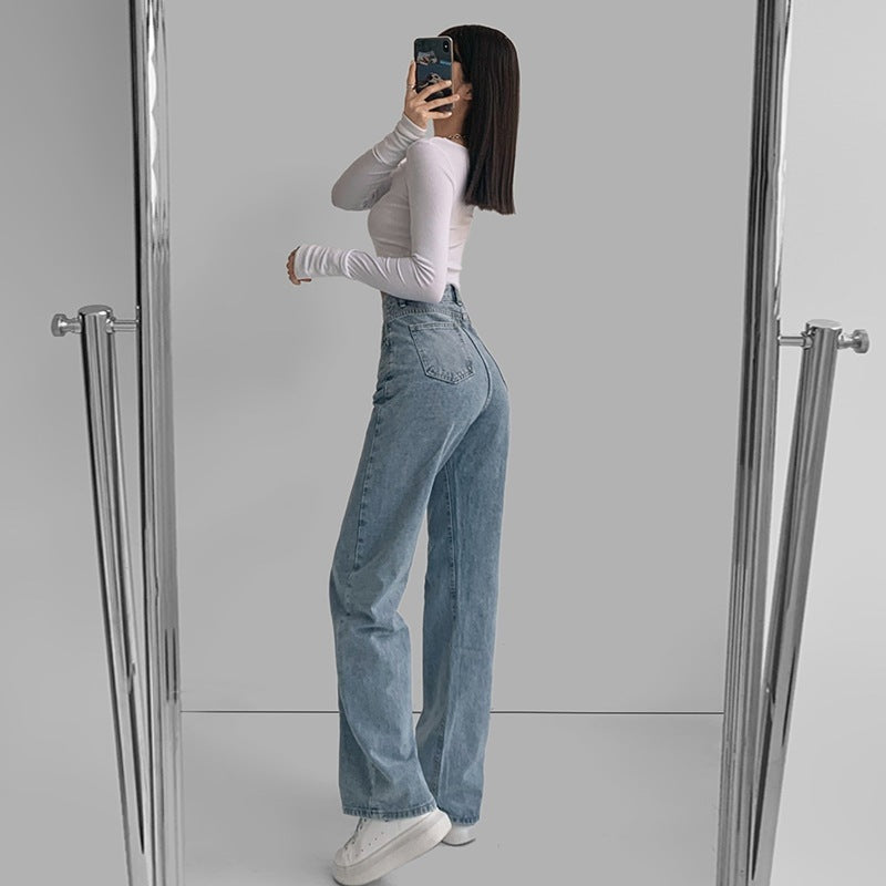 Women Fashion Casual Slant Buckle Irregular High Waist Straight Jeans