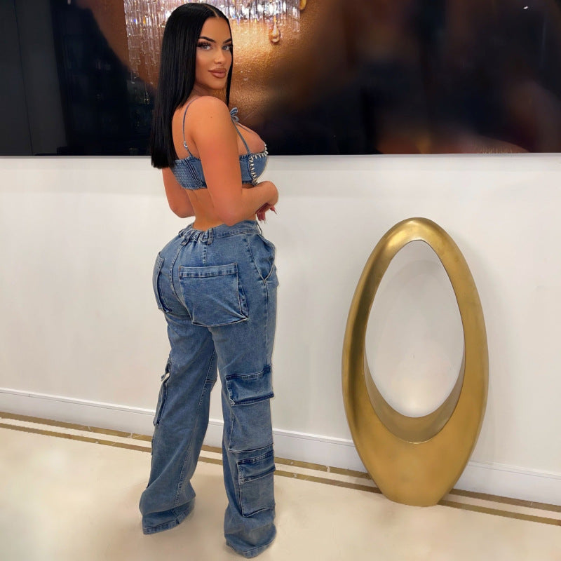 Women Fashion Casual Tooling Zipper Elastic Waist Cargo Jeans