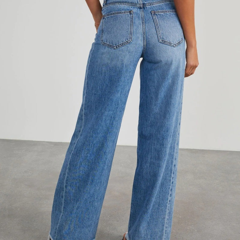 Women Fashion Casual Loose Stitching Grinding Wide Leg Jeans