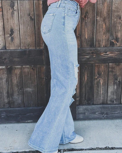 Casual Fashion Women Versatile High-Waist Loose Ripped Straight Jeans