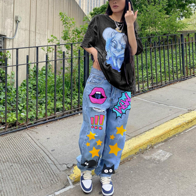 Women'S Fashion Casual Cartoon Printing Loose Denim Pants Wide-Leg Straight Jeans