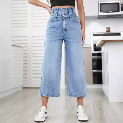 Women Fashion Casual High Waist Straight Jeans