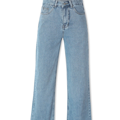 Women Denim Solid Color High Waist Loose Casual Fashion Straight Jeans