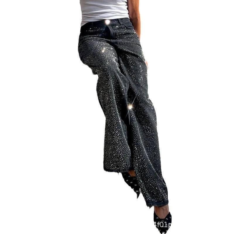 Women Fashion Casual Black Rhinestone Loose Jeans