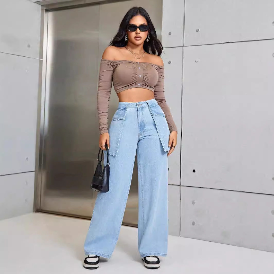Women Fashion Casual Wide Leg Large Pocket Jeans