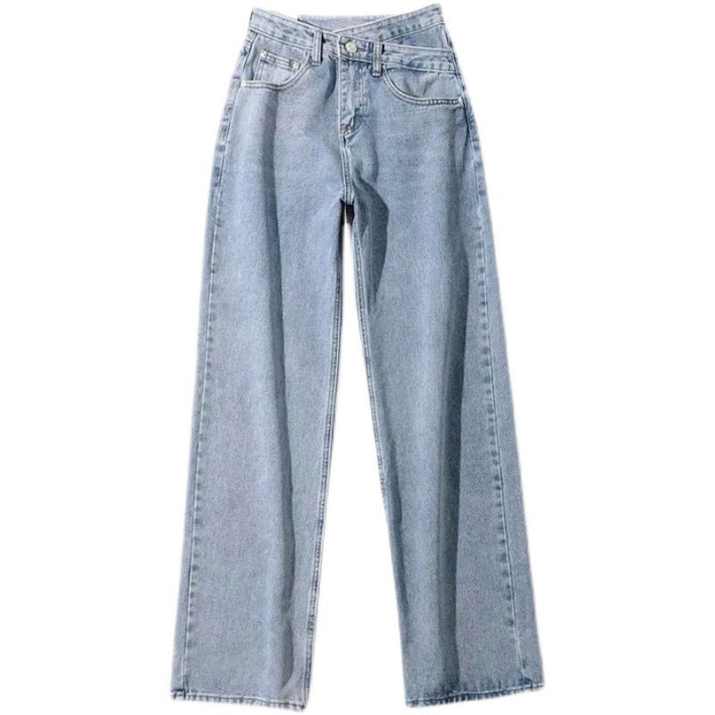 Women Fashion Casual Slant Buckle Irregular High Waist Straight Jeans