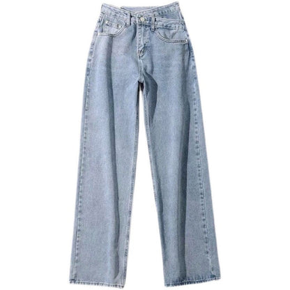 Women Fashion Casual Slant Buckle Irregular High Waist Straight Jeans