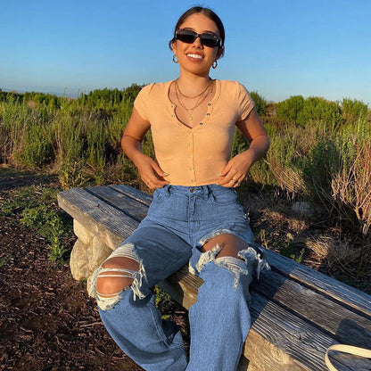 Women Fashion Casual High Waist Ripped Jeans
