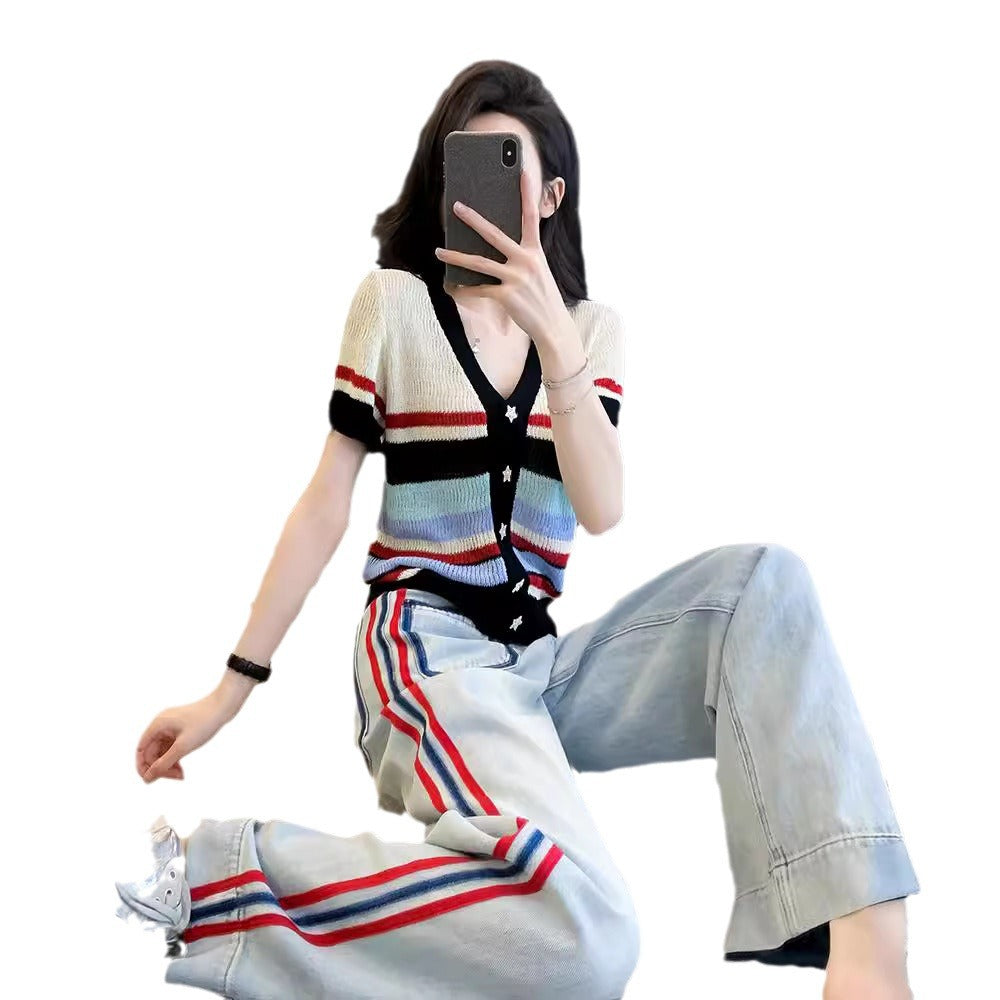 Women Fashion Casual Contrast Color Knitted Top Loose Straight Jeans Two-Piece Set