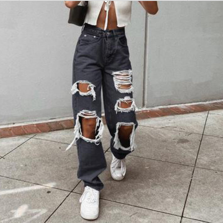 Women Fashion Casual Straight Leg Loose Ripped Jeans