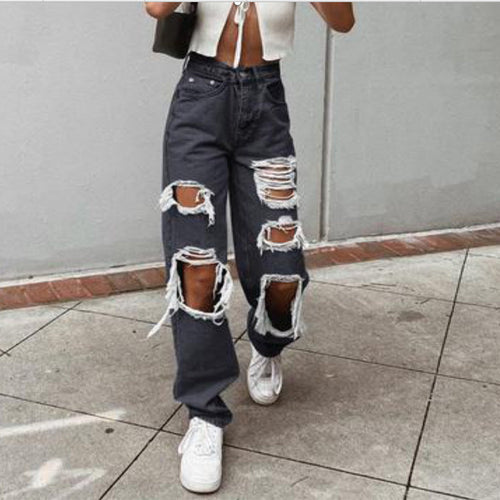 Women Fashion Casual Straight Leg Loose Ripped Jeans