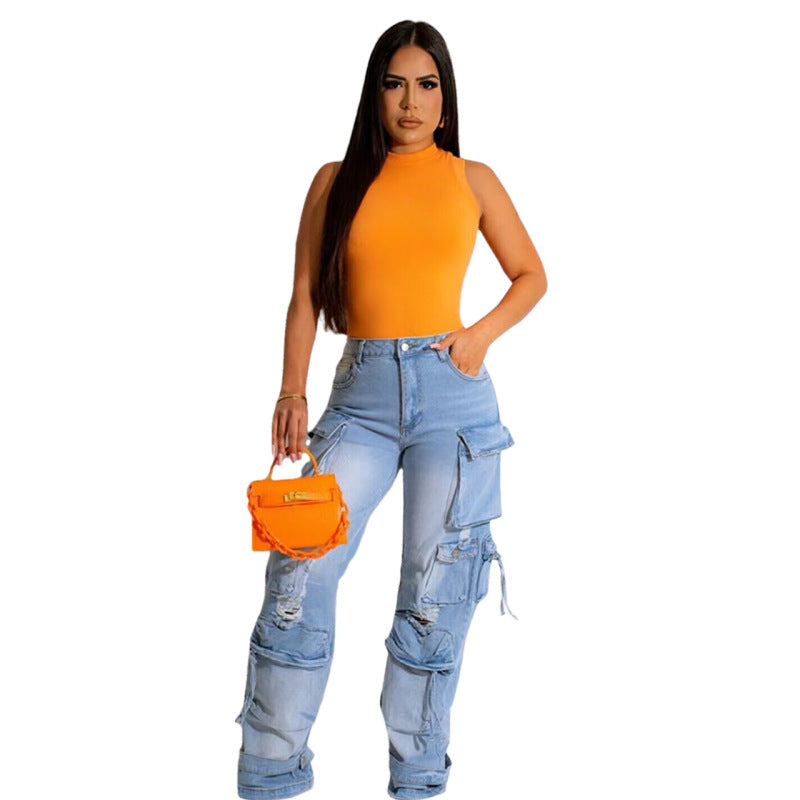 Women Fashion Multi-Pocket Casual Wide-leg Cargo Jeans