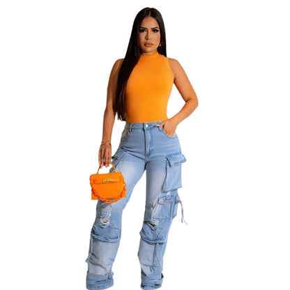 Women Fashion Multi-Pocket Casual Wide-leg Cargo Jeans