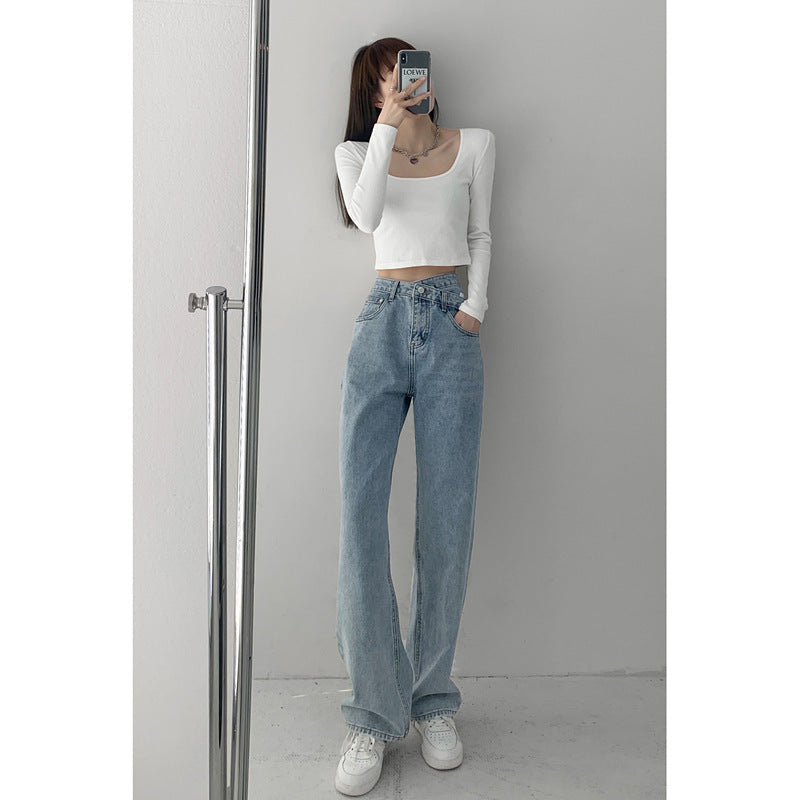 Women Casual Solid Color Wide Leg Jeans