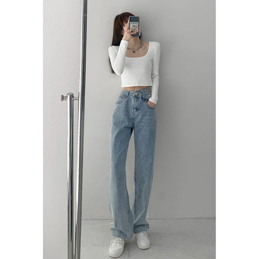 Women Casual Solid Color Wide Leg Jeans