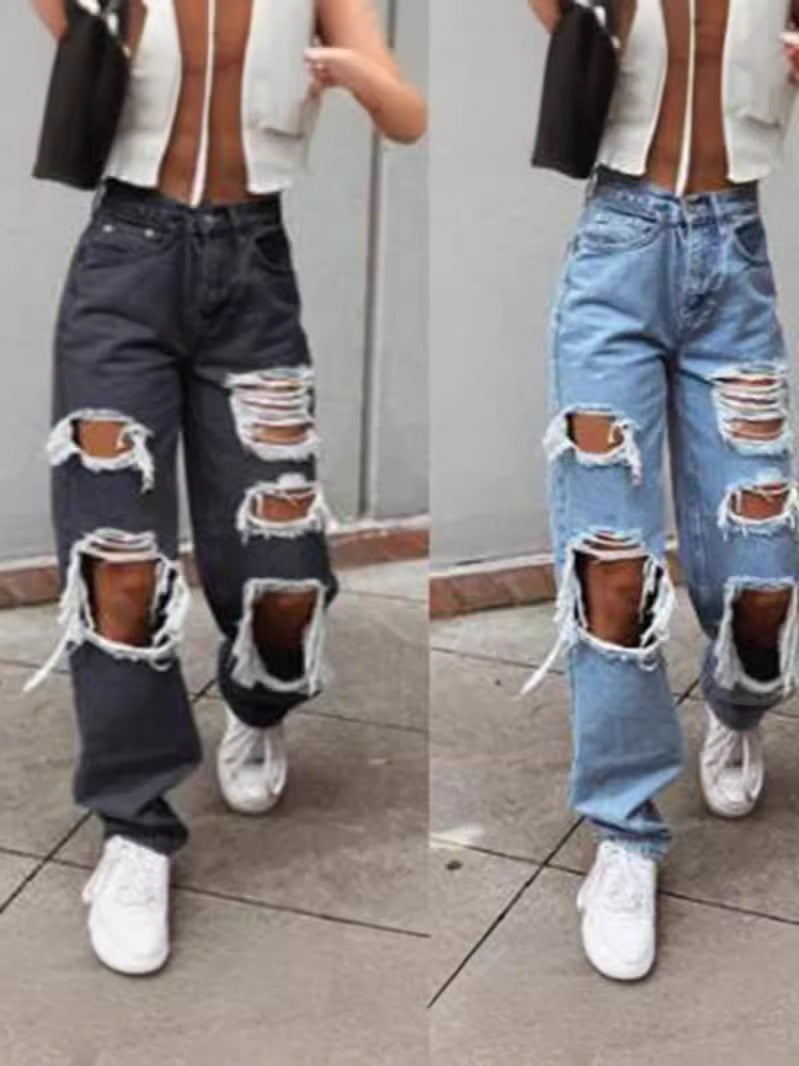 Women Fashion Casual Loose Ripped Jeans
