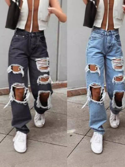 Women Fashion Casual Loose Ripped Jeans