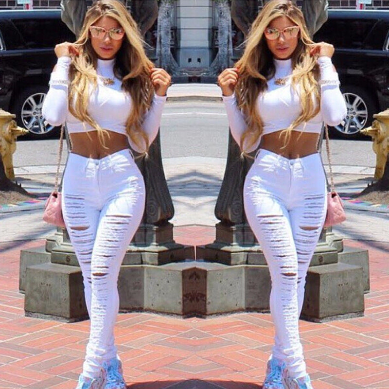 Women Casual Tight Hole Stretch Skinny Ripped Jeans