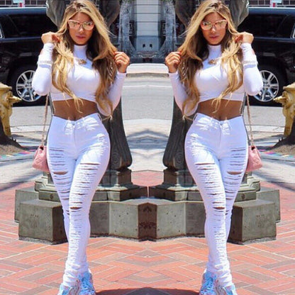 Women Casual Tight Hole Stretch Skinny Ripped Jeans