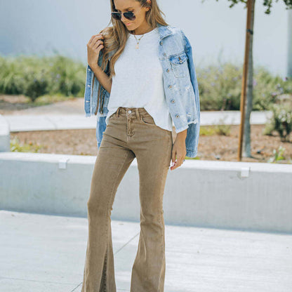Women Denim Solid Color High Waist Casual Slim Fit Wide-Leg Jeans