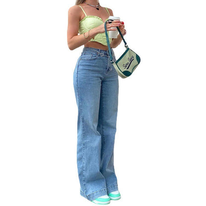 Women Street Casual Mid-Waist Blue Denim Pants Flare Jeans