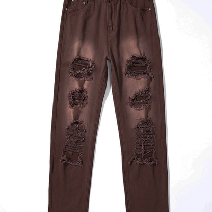 Women Denim High Waist Solid Color Ripped Casual Fashion Jeans