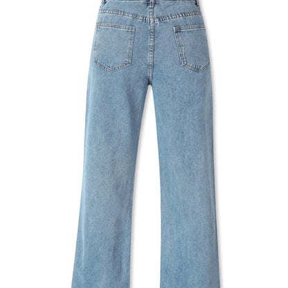 Women Denim Solid Color High Waist Loose Casual Fashion Straight Jeans