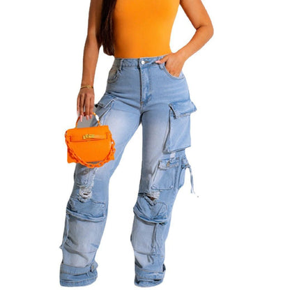 Women Fashion Casual High-Waist Multi-Pockets Jeans