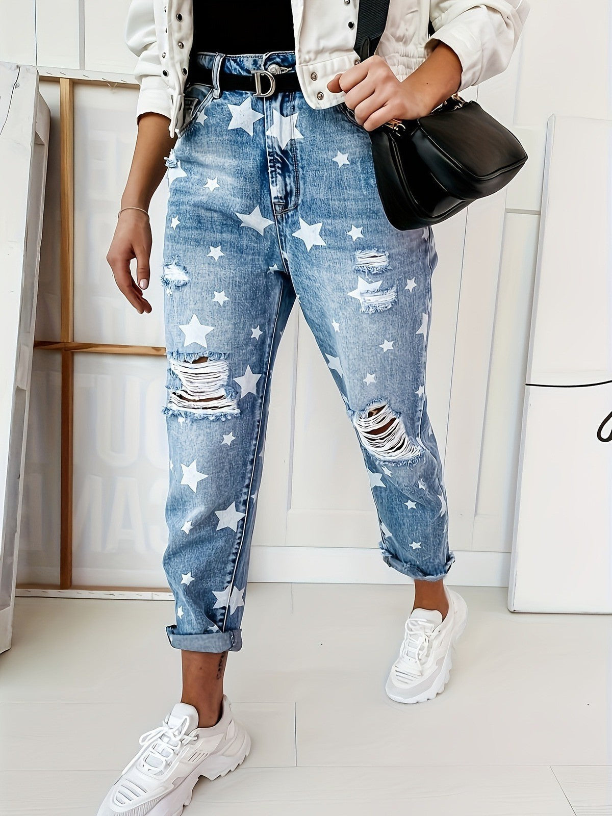 Women Ripped Star Printed Pattern Straight Casual Jeans