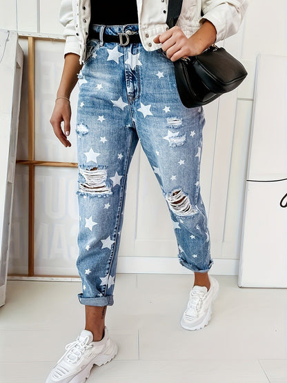 Women Ripped Star Printed Pattern Straight Casual Jeans