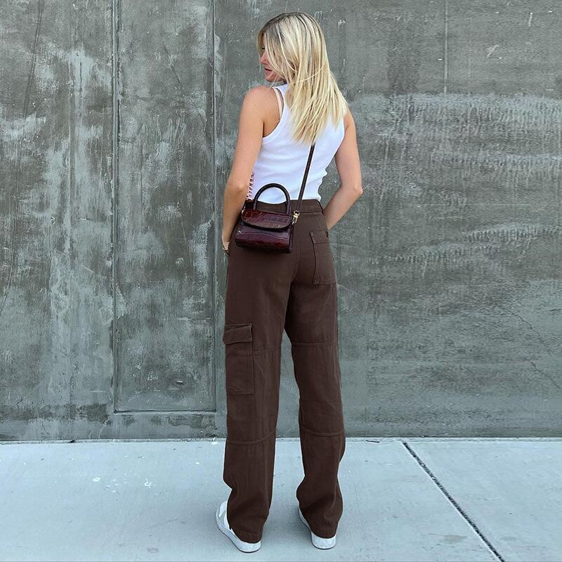 Women Solid Color Denim High Waist Pocket Casual Fashion Jeans Cargo Pants