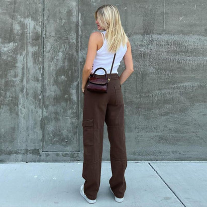 Women Solid Color Denim High Waist Pocket Casual Fashion Jeans Cargo Pants