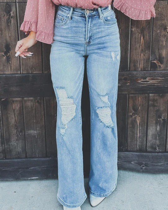 Casual Fashion Women Versatile High-Waist Loose Ripped Straight Jeans